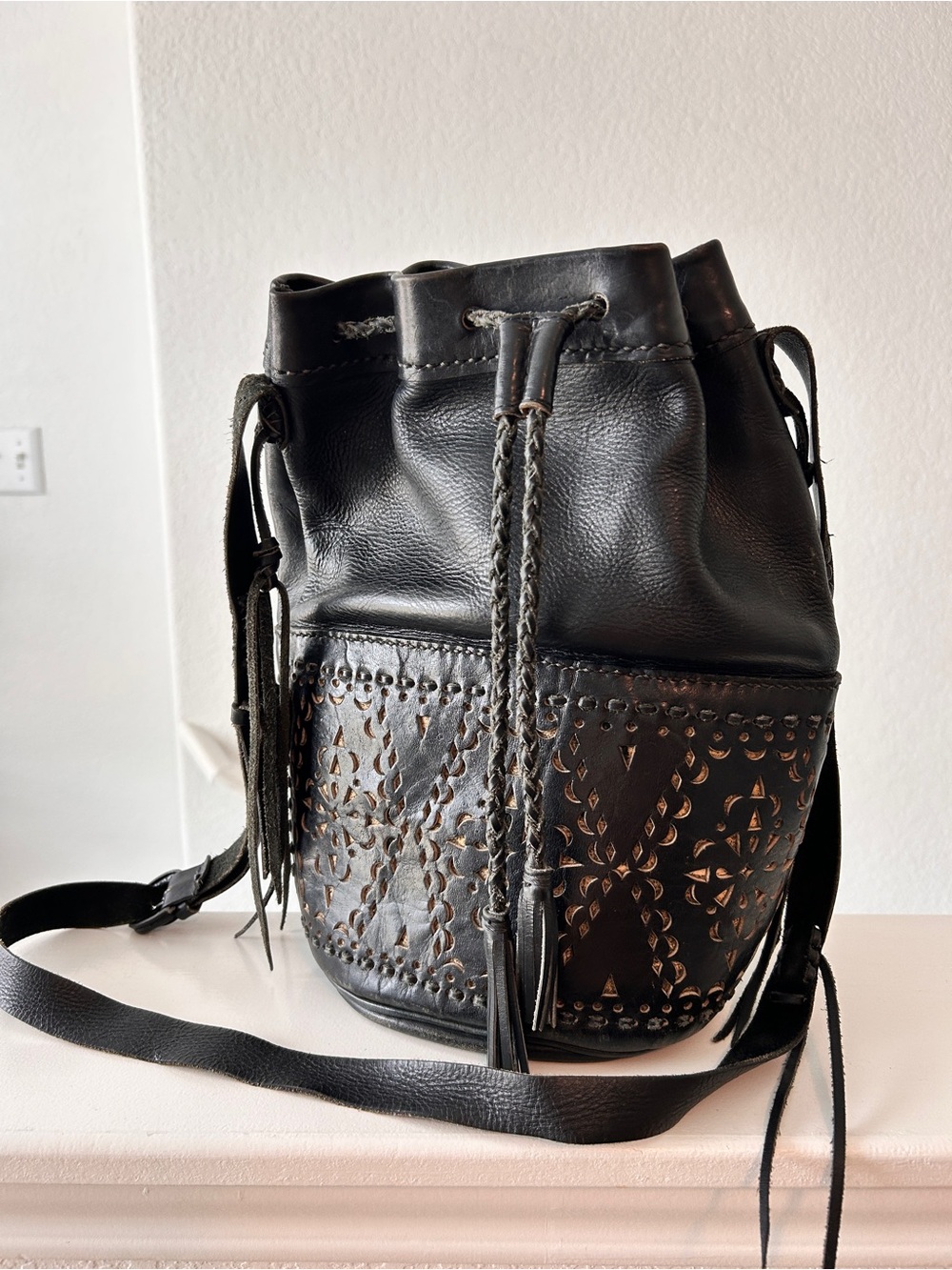 Black Leather Drawstring Shoulder Bag with Braided Straps